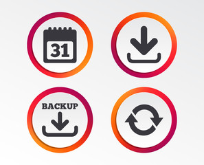 Download and Backup data icons. Calendar and rotation arrows sign symbols. Infographic design buttons. Circle templates. Vector