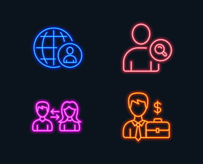 Neon lights. Set of International recruitment, Find user and People communication icons. Businessman case sign. World business, Search person, People talking. Human resources.  Glowing graphic designs