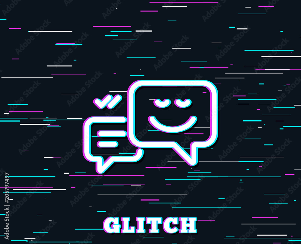 Poster glitch effect. message speech bubbles with smile line icon. chat emotion sign. background with color