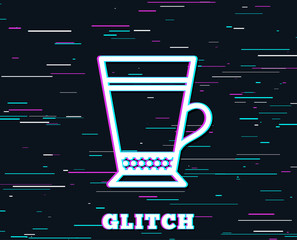 Glitch effect. Latte coffee icon. Hot drink sign. Beverage symbol. Background with colored lines. Vector