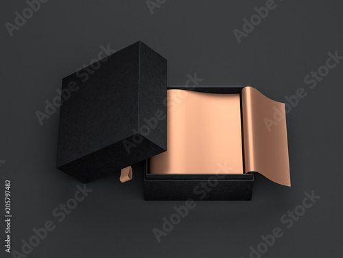 Download Opened Square Black Gift Box Mockup With Golden Wrapping Paper Top View Wall Mural Customdesigner