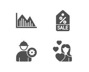 Set of Investment graph, Engineer and Sale coupon icons. Love sign. Investment infochart, Worker with cogwheel, Discount tag. Woman in love.  Quality design elements. Classic style. Vector