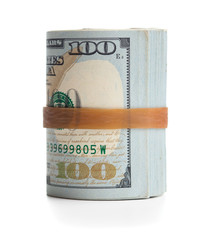 rolled stack of one hundred dollars banknotes isolated on white background
