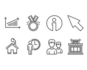 Set of Honor, Chart and Waiting icons. Couple, Mouse cursor and Shop signs. Medal, Presentation chart, Service time. Two male users, Click arrow, Store.  Information and Home design elements. Vector