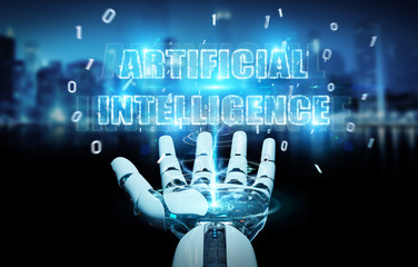 White cyborg hand using digital artificial intelligence text hologram 3D rendering