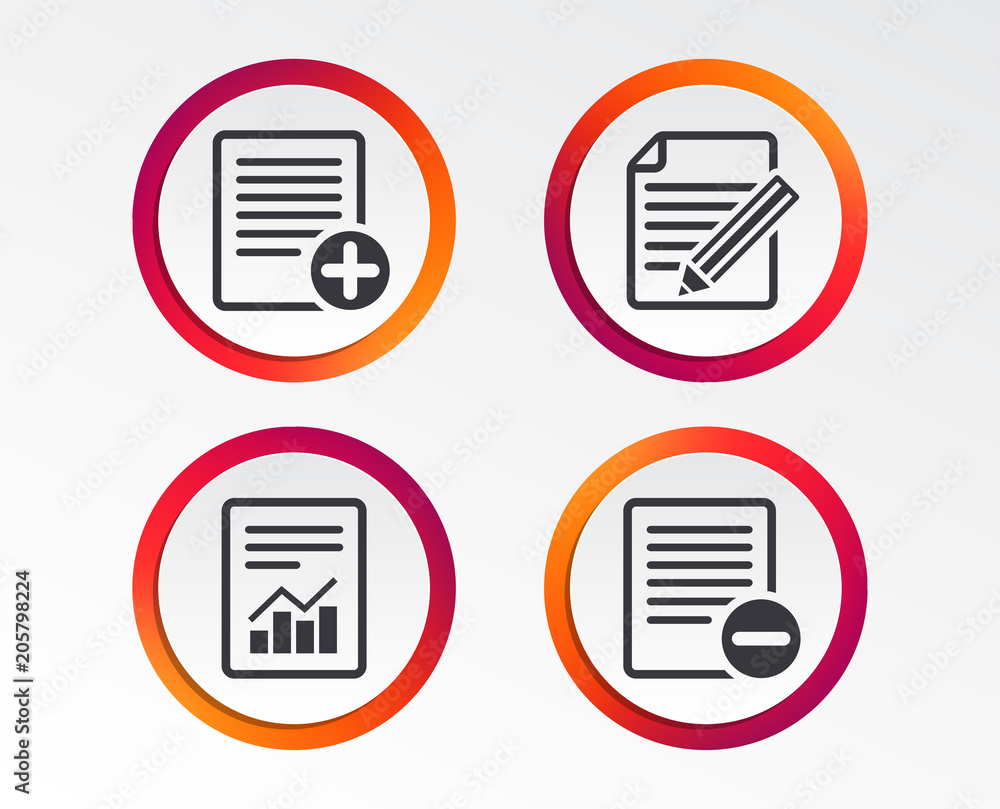 Poster file document icons. document with chart or graph symbol. edit content with pencil sign. add file. i