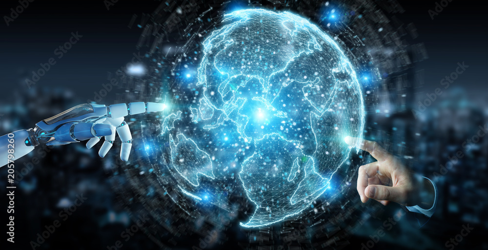 Aufkleber white robot hand using globe network hologram with america usa map 3d rendering