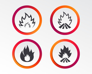 Fire flame icons. Heat symbols. Inflammable signs. Infographic design buttons. Circle templates. Vector