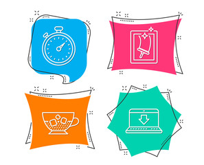 Set of Cold coffee, Timer and Window cleaning icons. Internet downloading sign. Ice cubes in beverage, Stopwatch gadget, Housekeeping service. Load data.  Flat geometric colored tags. Vivid banners