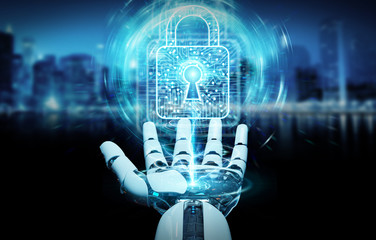 White robot hand securing digital datas 3D rendering