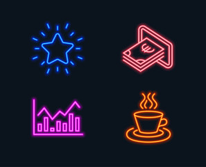 Neon lights. Set of Infochart, Cash and Rank star icons. Tea cup sign. Stock exchange, Atm payment, Best result. Coffee mug.  Glowing graphic designs. Vector