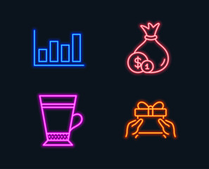 Neon lights. Set of Cash, Latte and Report diagram icons. Give present sign. Banking currency, Coffee beverage, Financial market. Receive a gift.  Glowing graphic designs. Vector