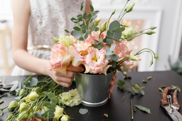 Master class on making bouquets for kids. Spring bouquet in metal ornamental flowerpot. Learning...
