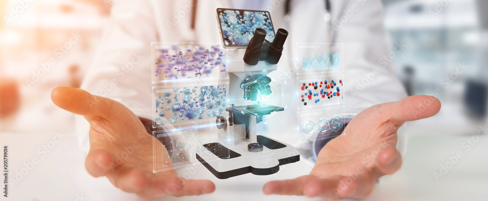 Aufkleber Doctor using modern microscope with digital analysis 3D rendering