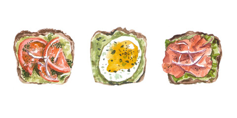 Set of sandwiches with tomatoes, onions, eggs and ham. Watercolor.