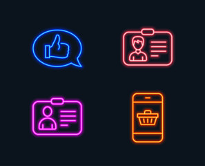 Neon lights. Set of Identification card, Id card and Feedback icons. Smartphone buying sign. Person document, Human document, Speech bubble. Website shopping.  Glowing graphic designs. Vector