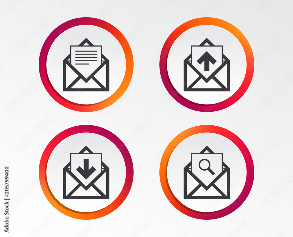 Poster mail envelope icons. find message document symbol. post office letter signs. inbox and outbox messag