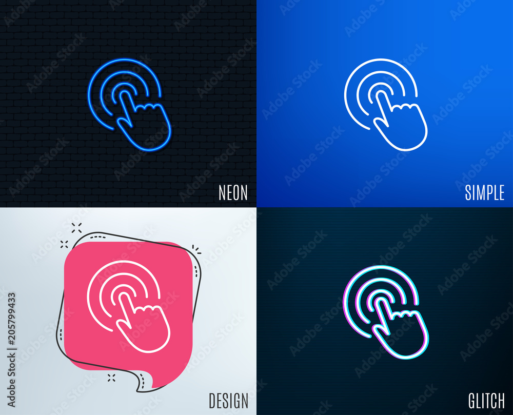 Poster glitch, neon effect. hand click line icon. finger touch sign. cursor pointer symbol. trendy flat geo