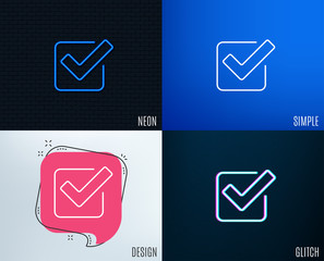 Glitch, Neon effect. Check line icon. Approved Tick sign. Confirm, Done or Accept symbol. Trendy flat geometric designs. Vector
