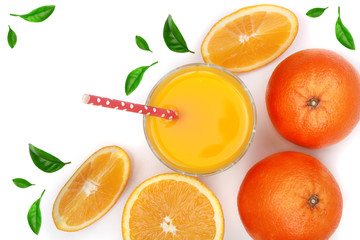 orange juice glass with slices of citrus and green leaves isolated on white background, top view. Flat lay pattern