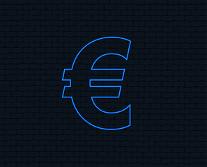 Neon light. Euro sign icon. EUR currency symbol. Money label. Glowing graphic design. Brick wall. Vector