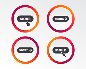 More with cursor pointer icon. Details with arrow or hand symbols. Click more sign. Infographic design buttons. Circle templates. Vector
