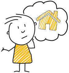 stick man standing and thinking bubble expression illustration yellow house real estate