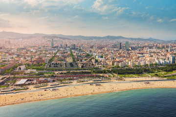 Obraz premium Barcelona skyline aerial view with skyscrapers by the beach, Spain. Vintage colors