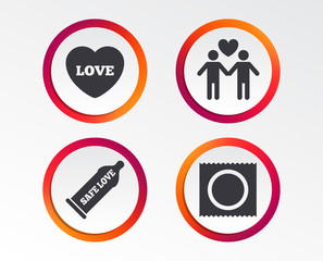 Condom safe sex icons. Lovers Gay couple signs. Male love male. Heart symbol. Infographic design buttons. Circle templates. Vector