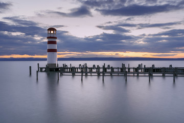 Spring sunset impression of lighthouse at Lake Neusiedl (Podersdorf am See, Burgenland, Austria)