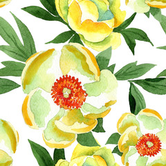 Yellow Peony. Floral botanical flower. Seamless background pattern. Fabric wallpaper print texture. Aquarelle wildflower for background, texture, wrapper pattern, frame or border.