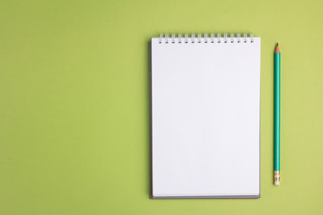 Blank notebook on green pastel background. Flat lay concept. Copy space