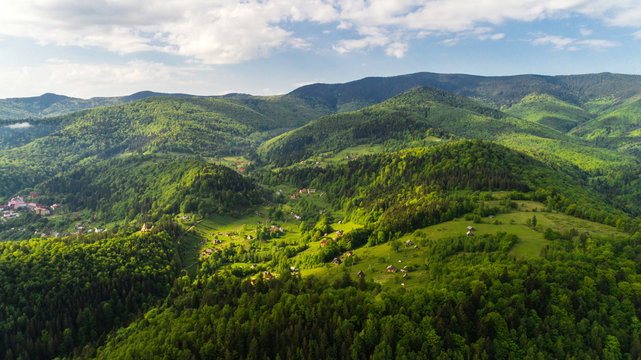 Aerial view of beautiful Carpathian mountains in summer.