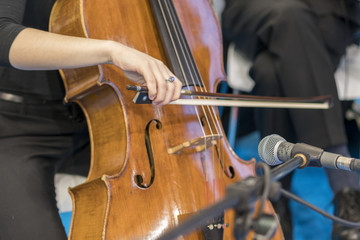 Detail of a woman playing a cello. Close up of cello with bow in hands