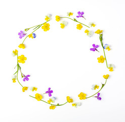 Round frame wreath made of meadow flowers isolated on white background. Top view. Flat lay.