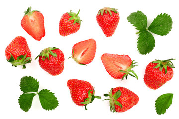 Strawberries isolated on white background. Top view. Flat lay pattern