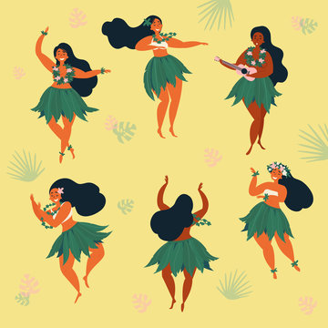 Set of girl in dance and sing with ukulele positions. Beautiful graceful Hawaiian plus size girl dancing hula in traditional costume. Garland and green skirt wearings. Vector cartoon illustration