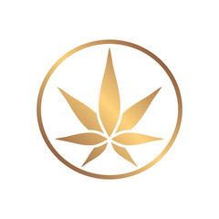 Cannabis gold silhouette logo. Hemp of emblem. Ganja symbol. Green manufacturing.