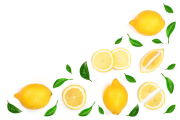 Lemon decorated with green leaves isolated on white background with copy space for your text. . Top view. Flat lay