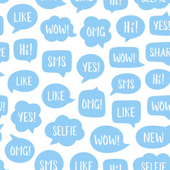 Vector seamless pattern of blue speech bubbles with popular social media phrases: selfie, like, wow, sms, hi etc. Blue background. Communication, chat, dialog, gadgets, social media network concept