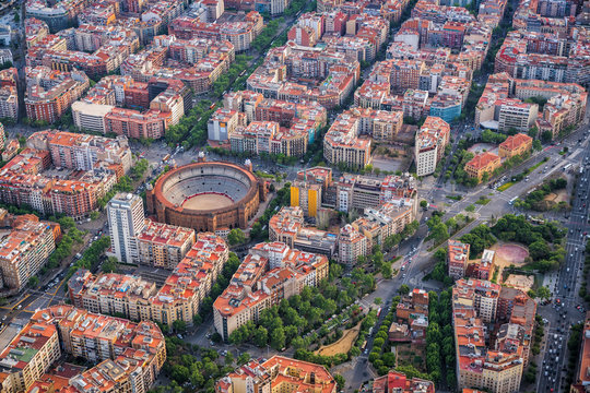 Aerial view of Barcelona buildings, high angle view of the city urban grid, Spain