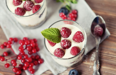 Healthy breakfast with yogurt and granola. Top view.