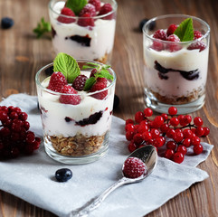 Healthy breakfast with yogurt and granola. Top view.