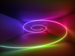 3d render, red purple neon helix, spiral, abstract fluorescent background, laser show, night club interior lights, glowing curvy lines, geometric shape