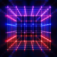 3d render, glowing lines, neon lights, abstract psychedelic background, cube cage, ultraviolet, blue, spectrum vibrant colors, laser show