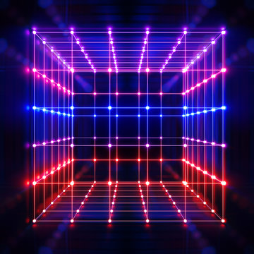 3d render, glowing lines, neon lights, abstract psychedelic background, cube cage, ultraviolet, blue, spectrum vibrant colors, laser show