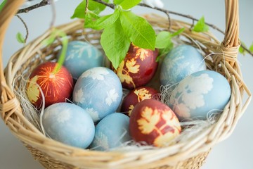 Naturally painted Ester Eggs in basket with hay and leaves