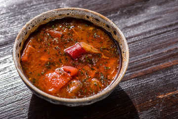 Hot beef hungarian goulash or bograch soup with paprika. Close-up