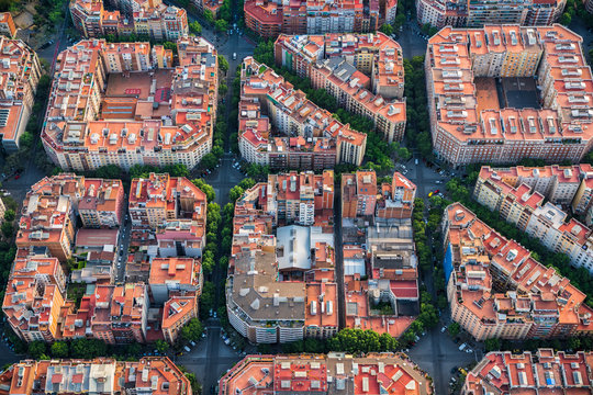 Aerial view of Barcelona architecture, high angle view of the city typical urban grid, Spain