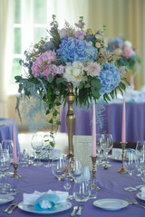 Beautiful flowers on table in wedding day. banquet decoration in tender color